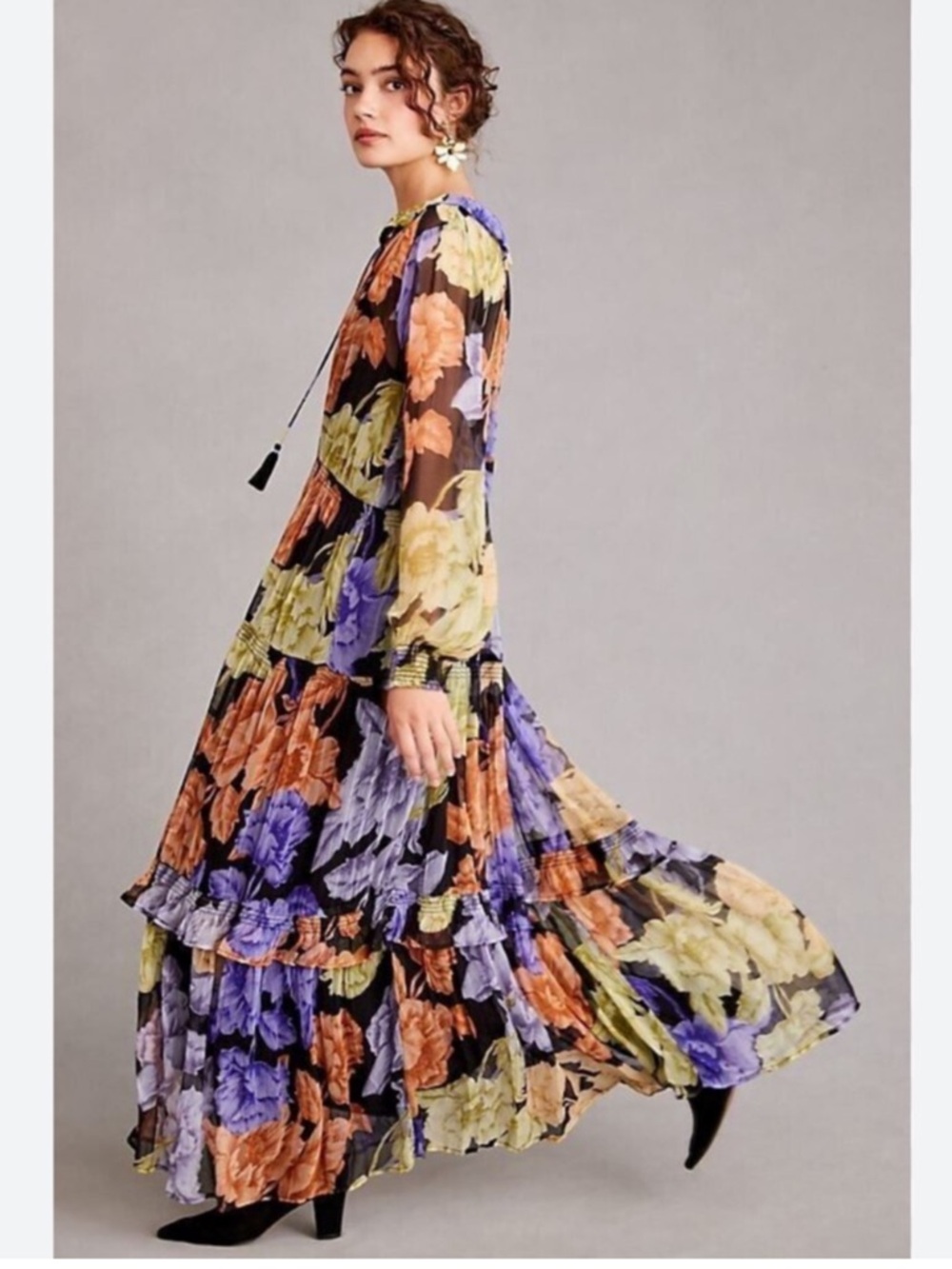 Anthropologie the Marais floral tiered chiffon maxi dress